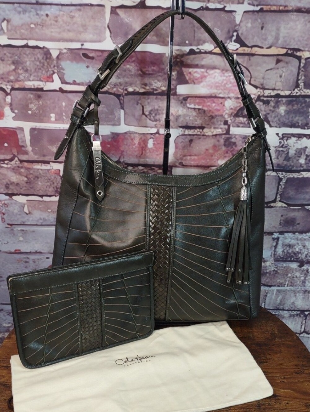 Cole Haan "Hurache Square" Woven-Accent Leather Hobo with Tassel - Picture 9 of 15